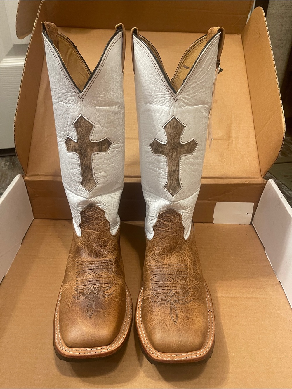Larry Mahan Brown & White Leather Western Cowboy Boots with Cross Inlay